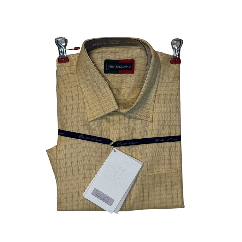 Peter England Mens Dress Shirt Grid Check Button Up Yellow Preppy 44 CM NWT